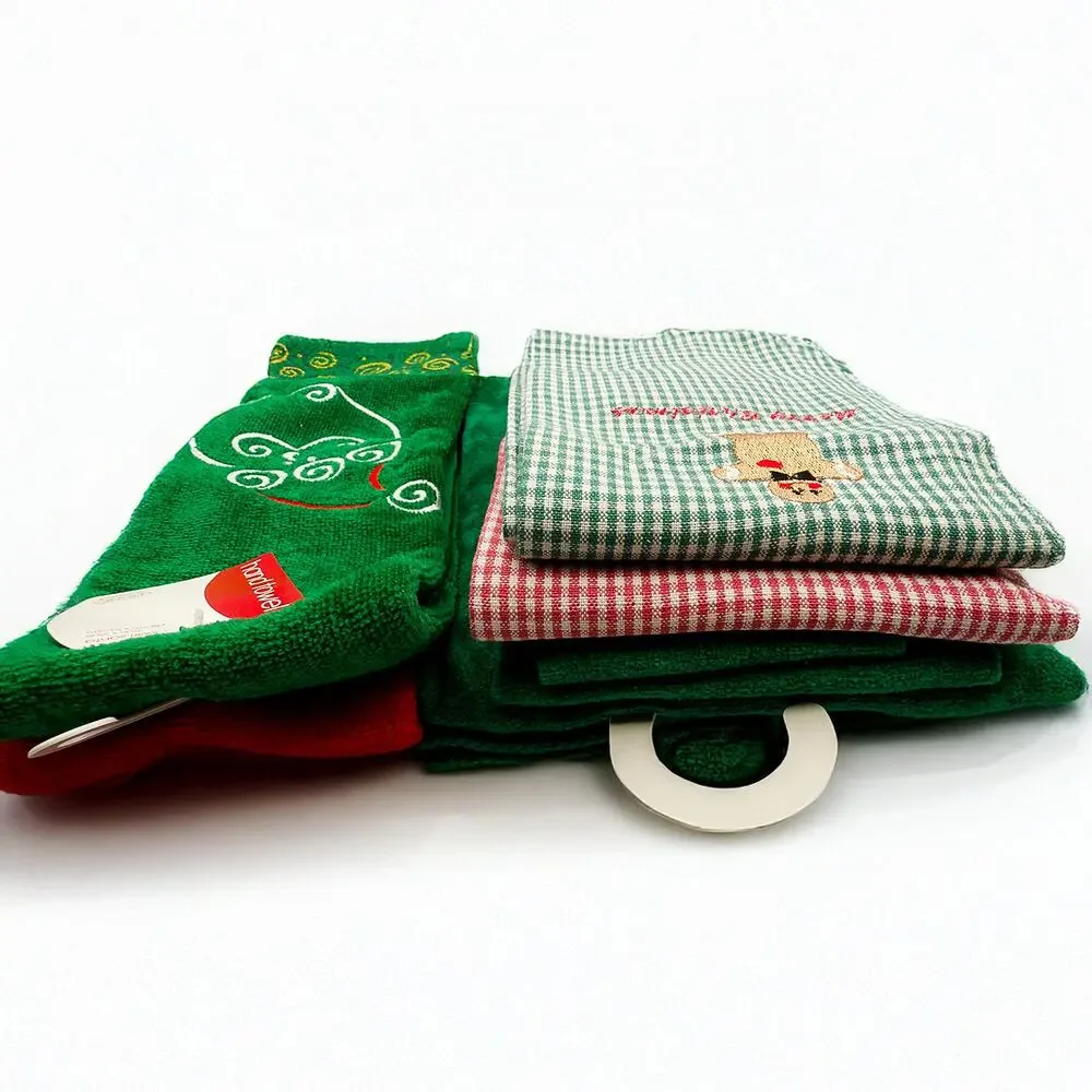 Set of 7 NOS Target Christmas Embroidered Towels Santa Red Green Cotton NWT